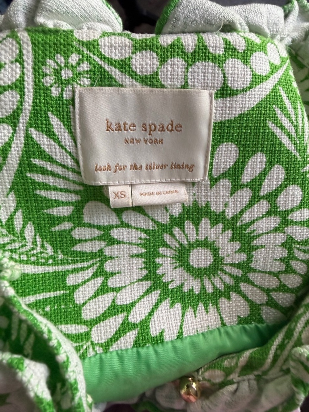 Kate Spade Green White Floral Textured Shift Dress Ruffle Neck XS - Picture 5 of 5